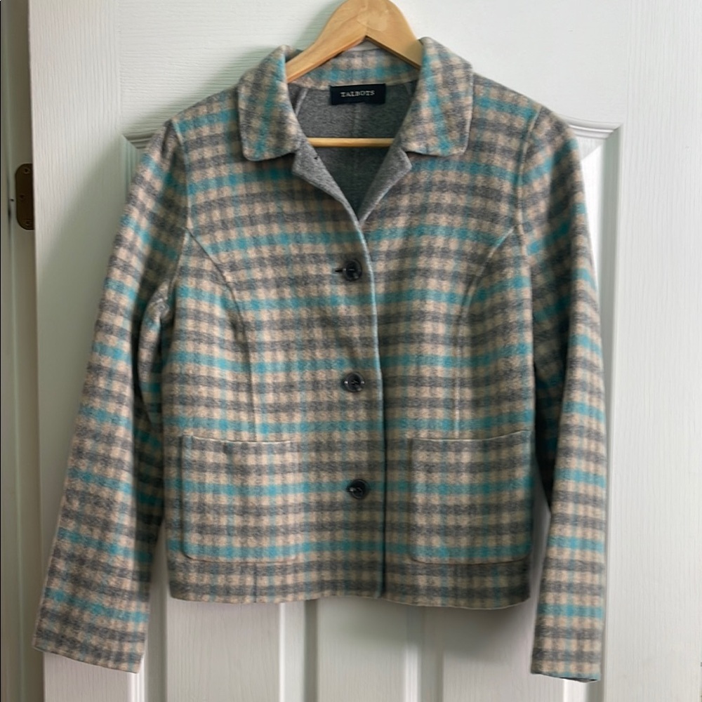 TALBOTS Women's Plaid Jacket - Blue and Gray